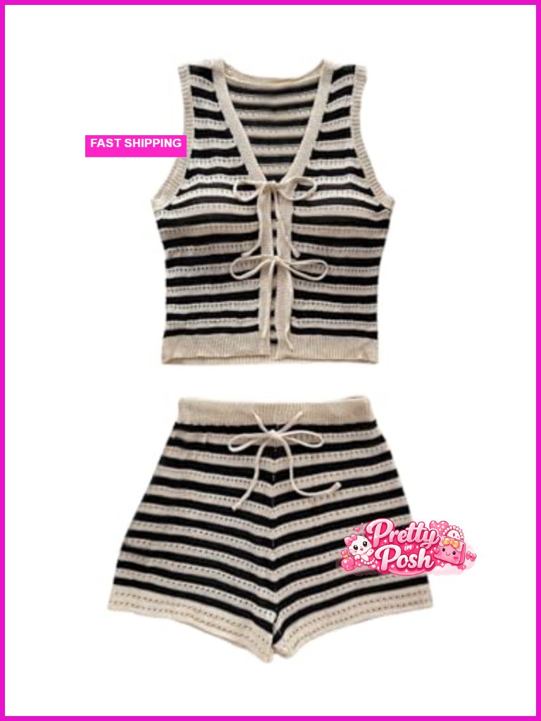 Women's 2 Piece Short Set Striped Tie Front Top And Shorts
